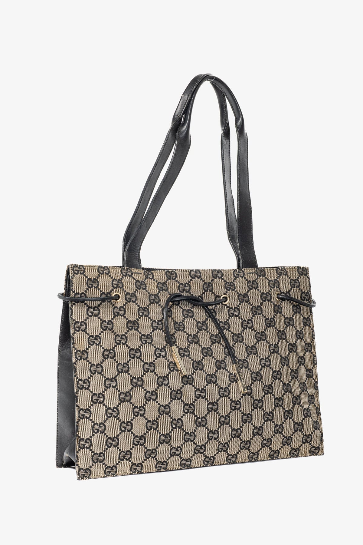Gucci Khaki GG Canvas Black-Leather Drawstring Tote