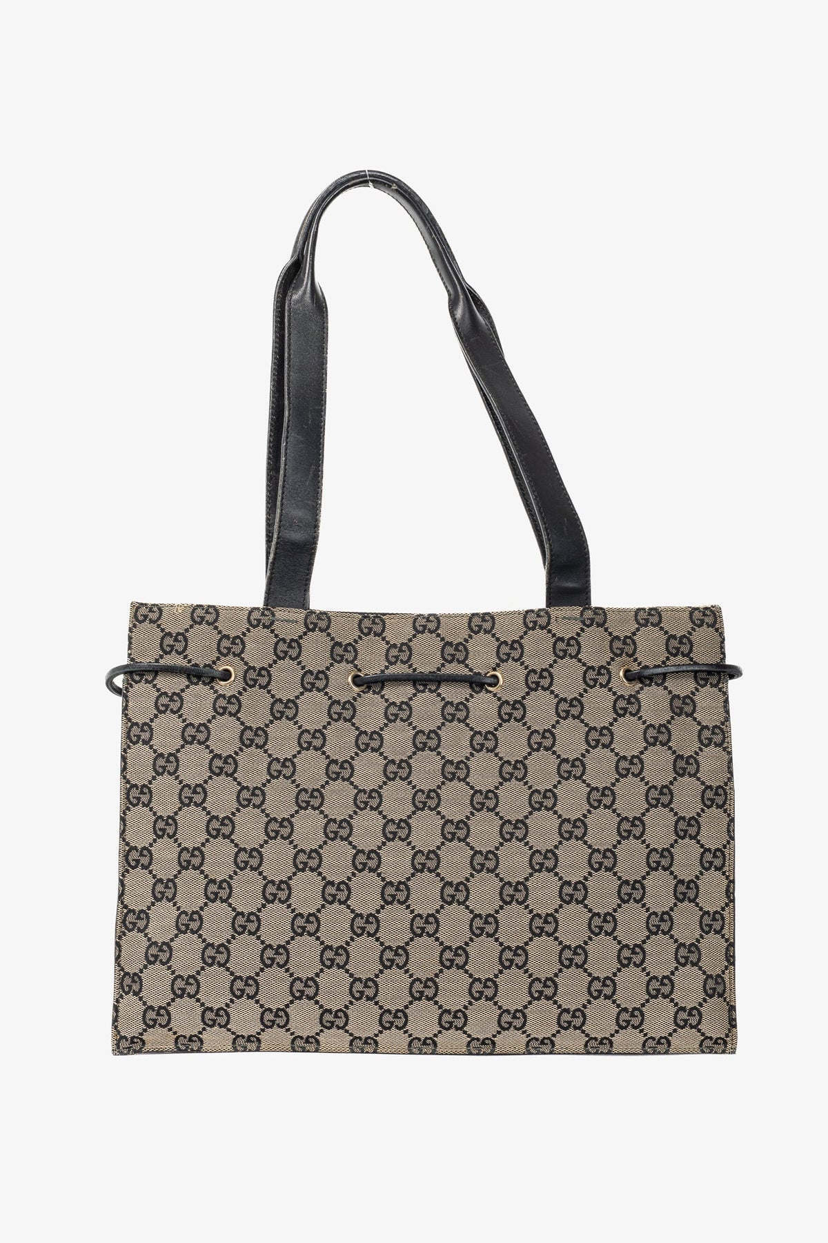 Gucci Khaki GG Canvas Black-Leather Drawstring Tote