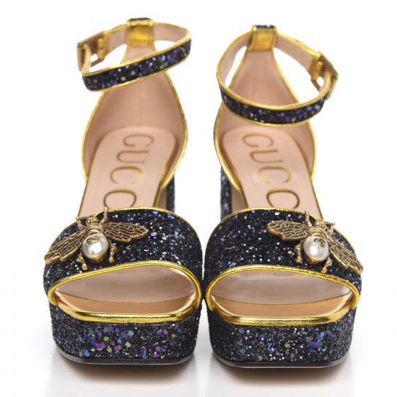 GUCCI Glitter Soko Bee Platform Mid Heel Sandals