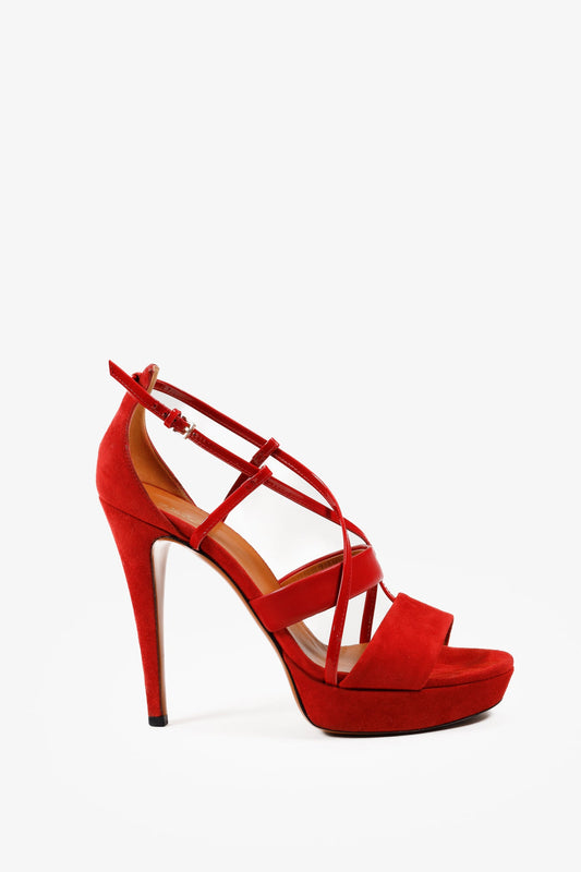 Gucci Red Suede Criss Cross Strappy Platform Sandal Pumps