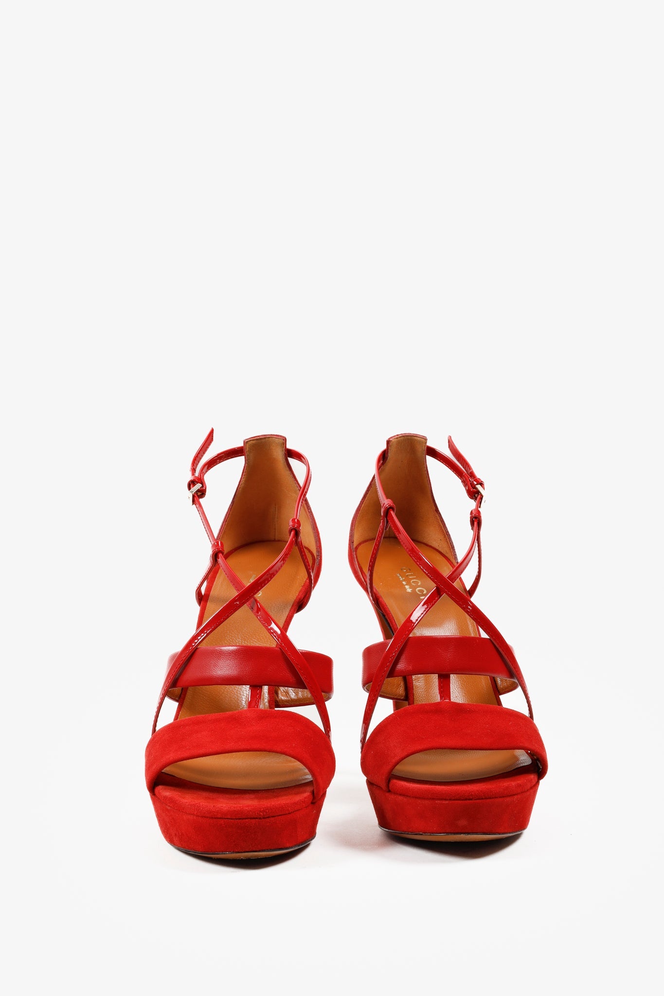 Gucci Red Suede Criss Cross Strappy Platform Sandal Pumps