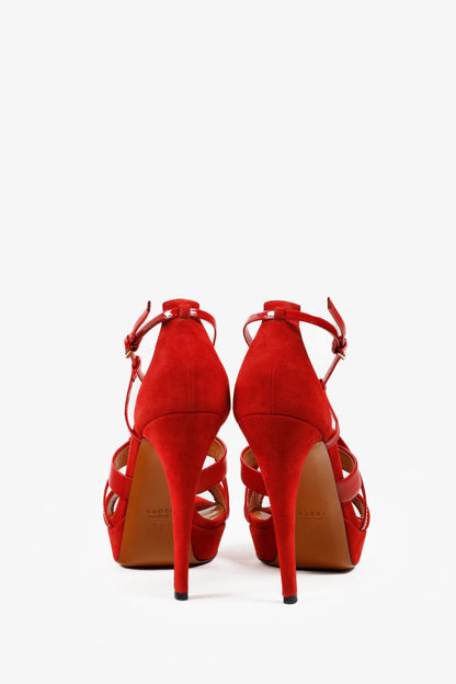Gucci Red Suede Criss Cross Strappy Platform Sandal Pumps