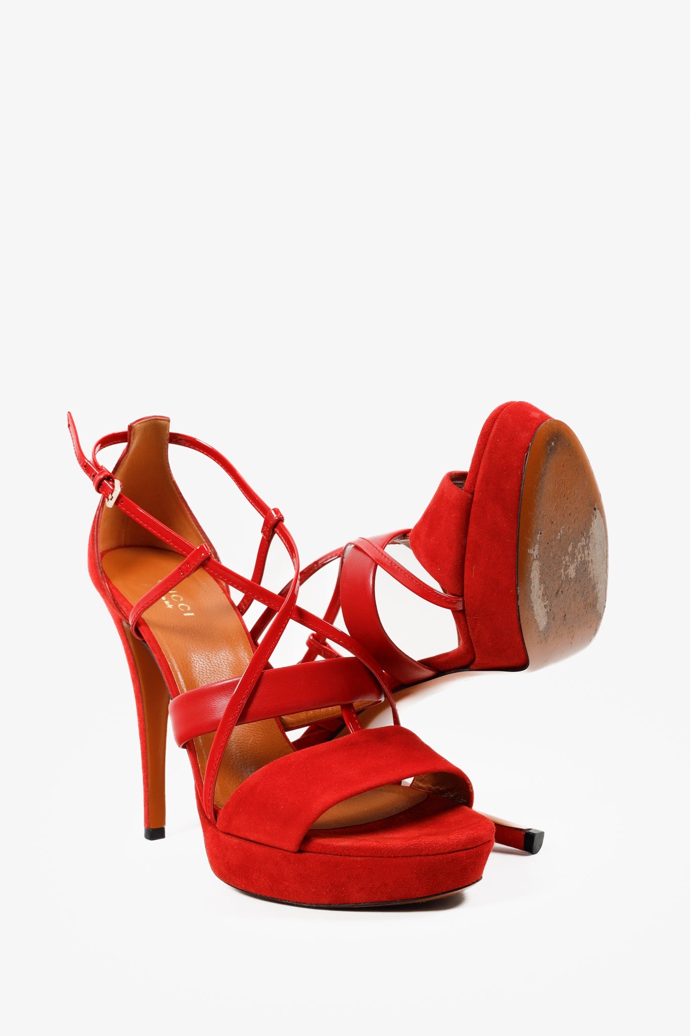 Gucci Red Suede Criss Cross Strappy Platform Sandal Pumps