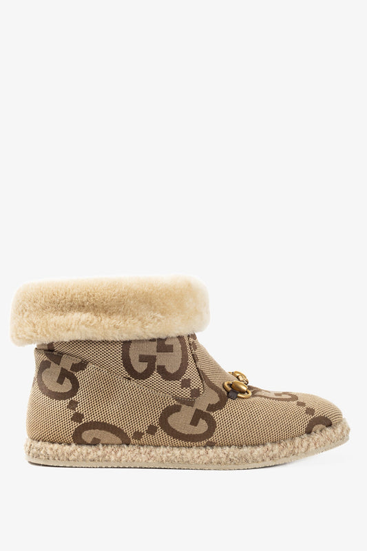 Gucci Fria Beige Jumbo GG Sherpa Horsebit Ankle Boots