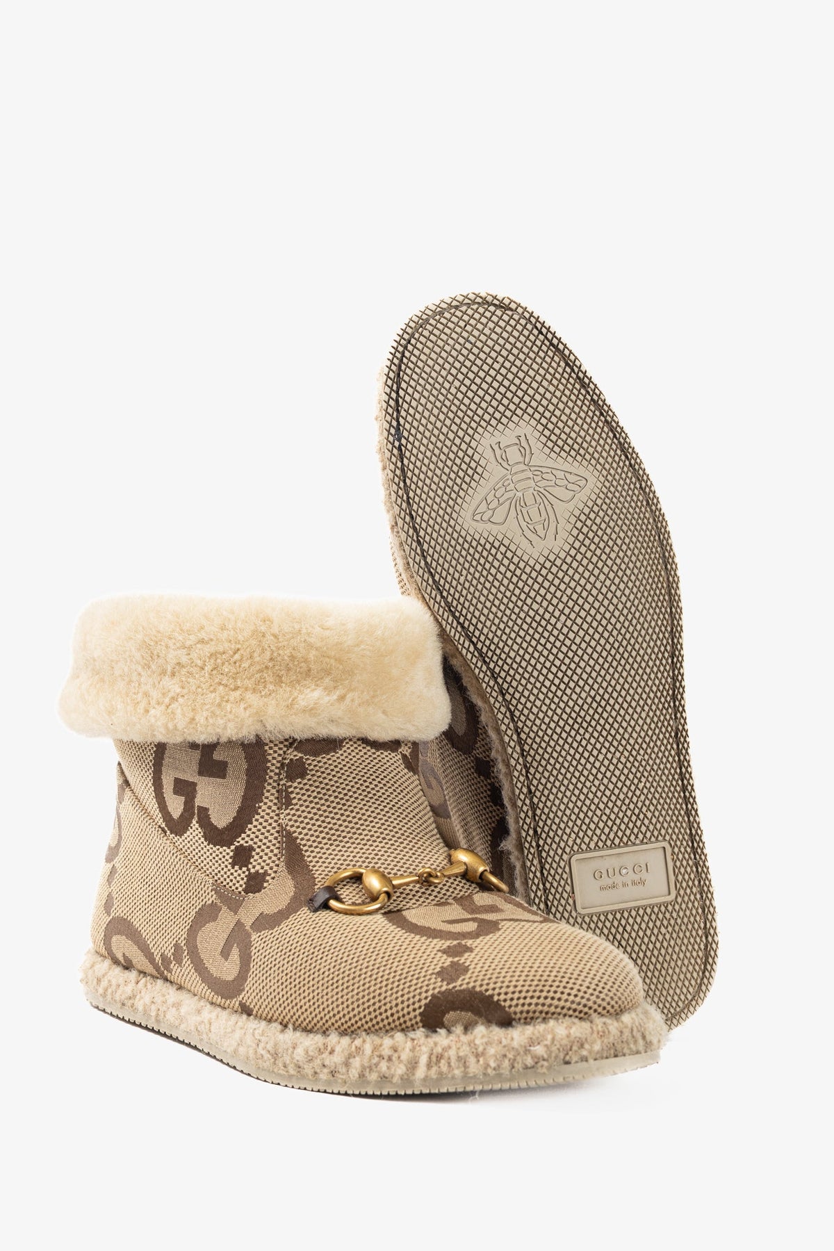 Gucci Fria Beige Jumbo GG Sherpa Horsebit Ankle Boots