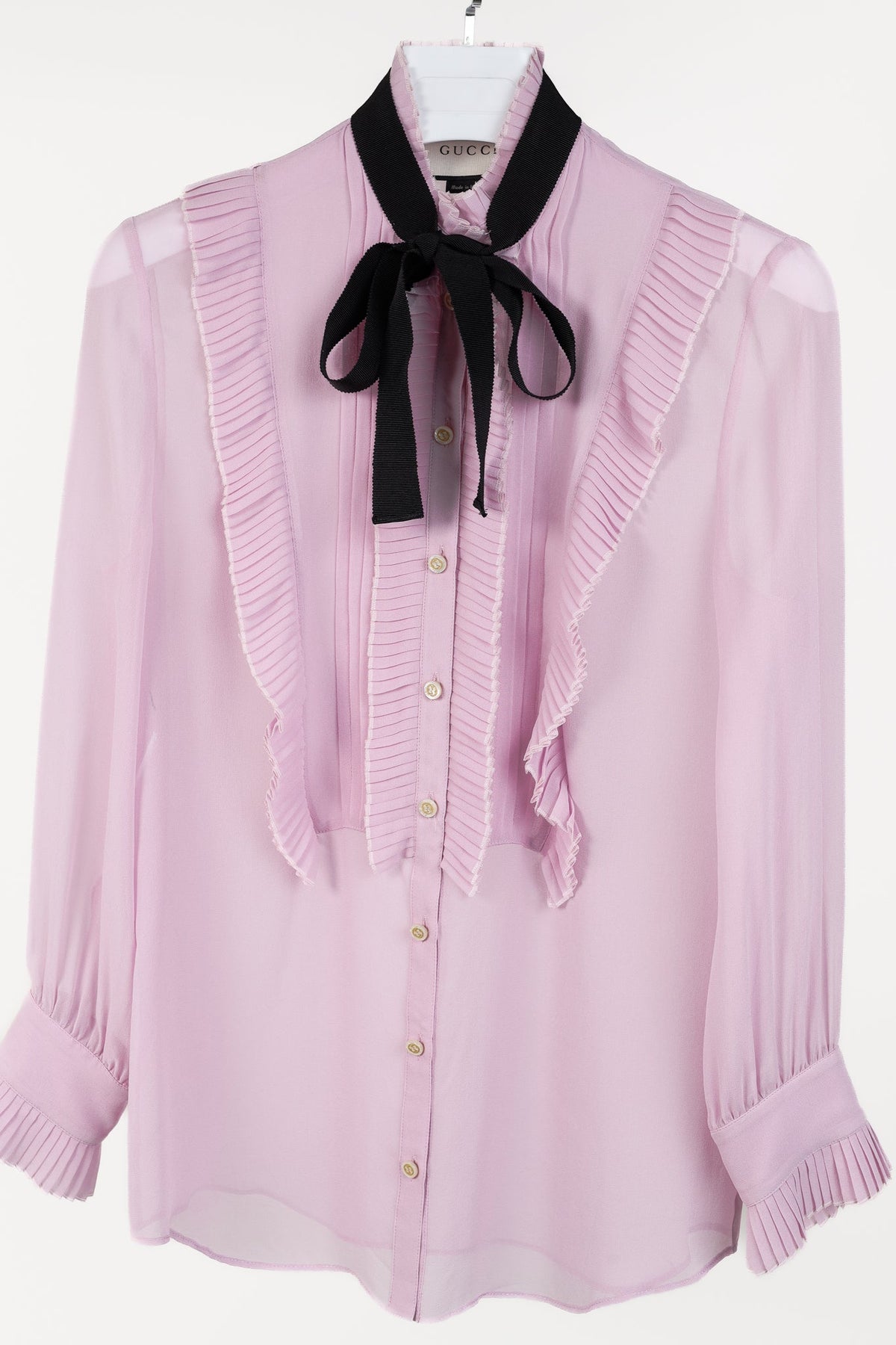 Gucci Resort 2016 Pink Silk Pleated Ruffle Tie-Neck Shirt
