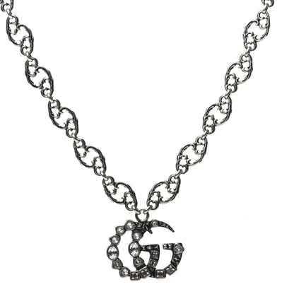 GUCCI GG Crystal Marmont Necklace Aged Silver