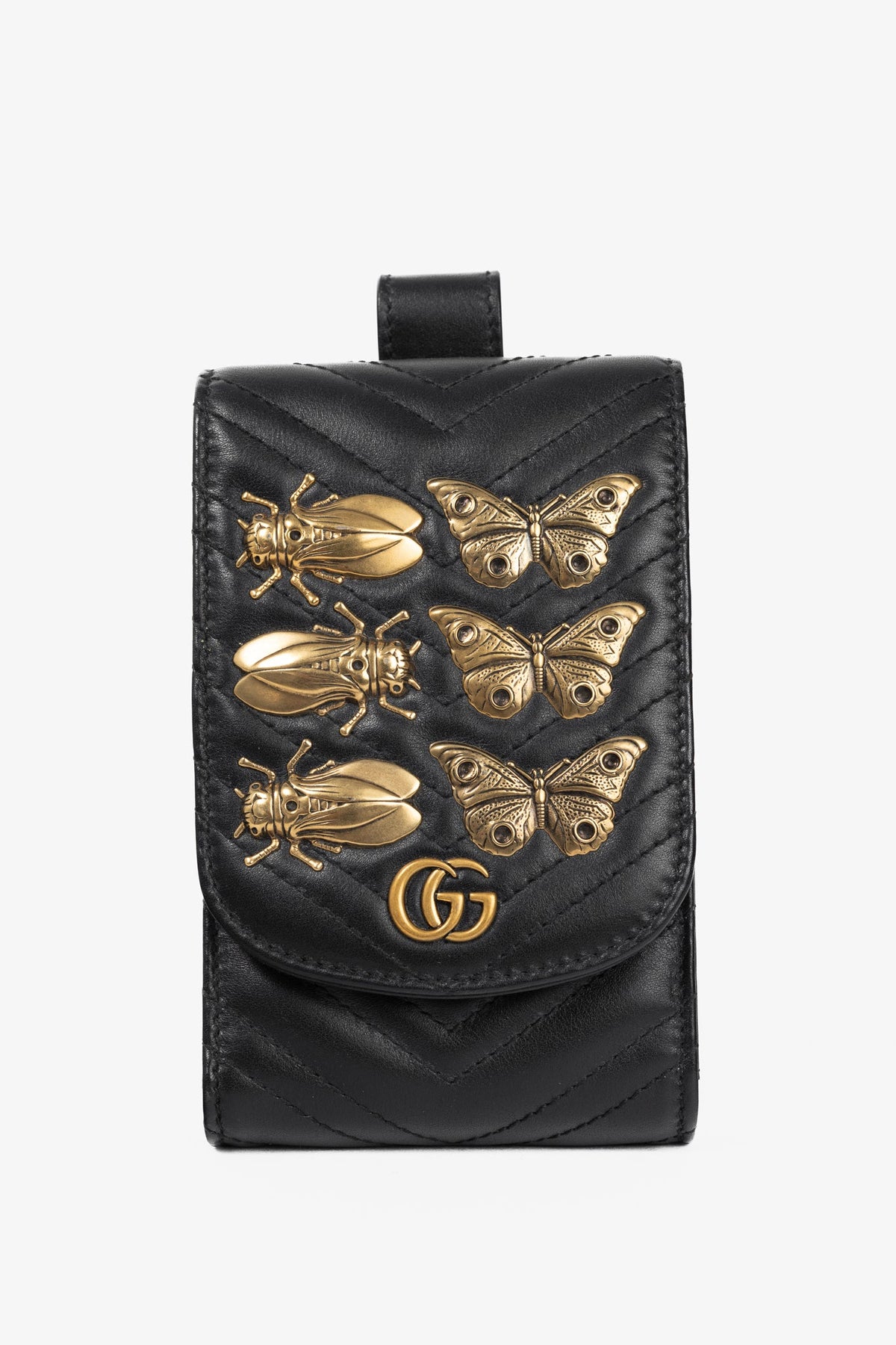 Gucci GG Marmont Black Quilted Leather Animal Studs Belt Pouch
