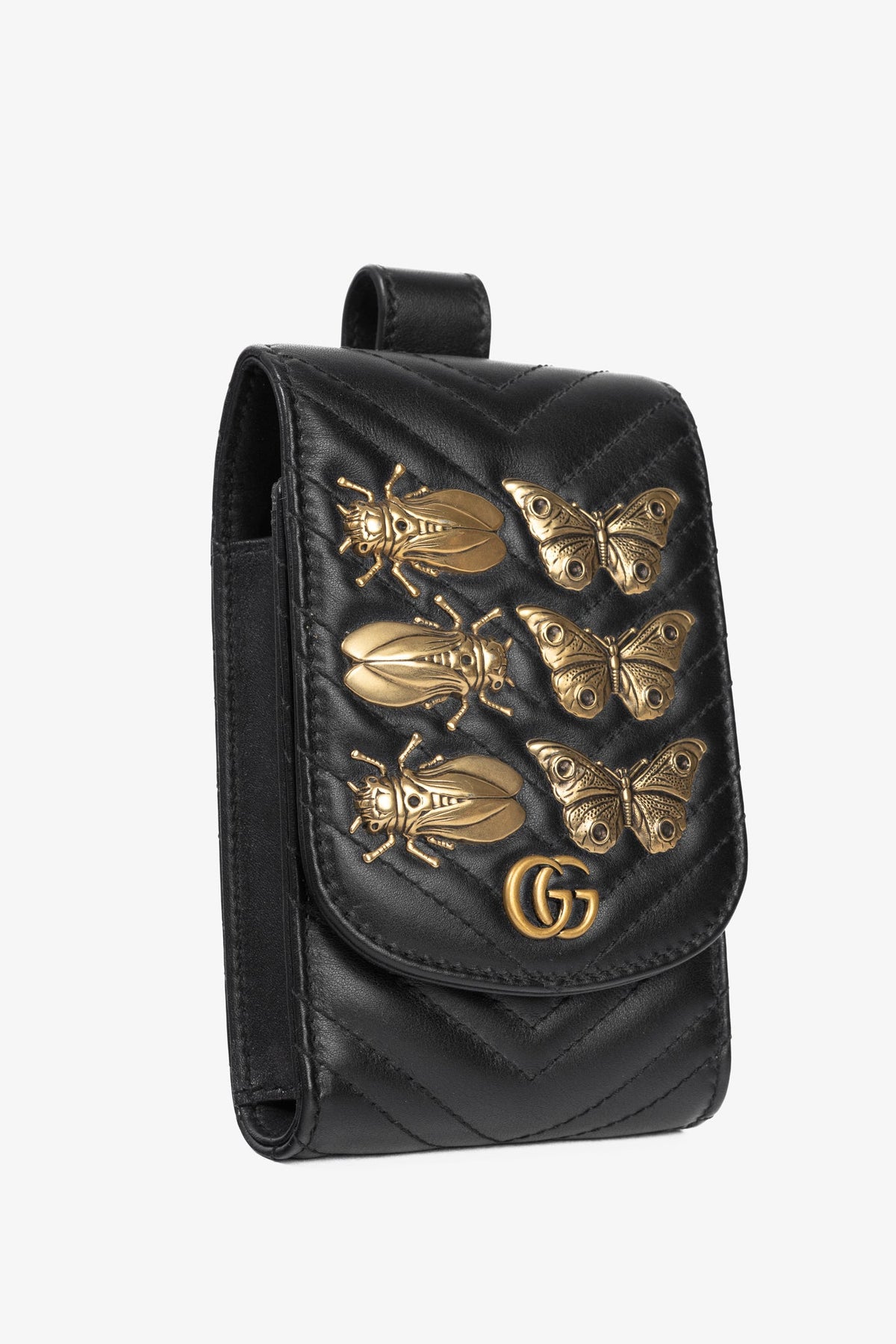 Gucci GG Marmont Black Quilted Leather Animal Studs Belt Pouch