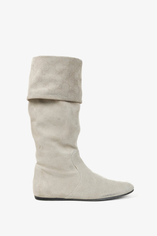 Gucci Sly Web Chalk Suede Cuffed Slouch Flat Boots