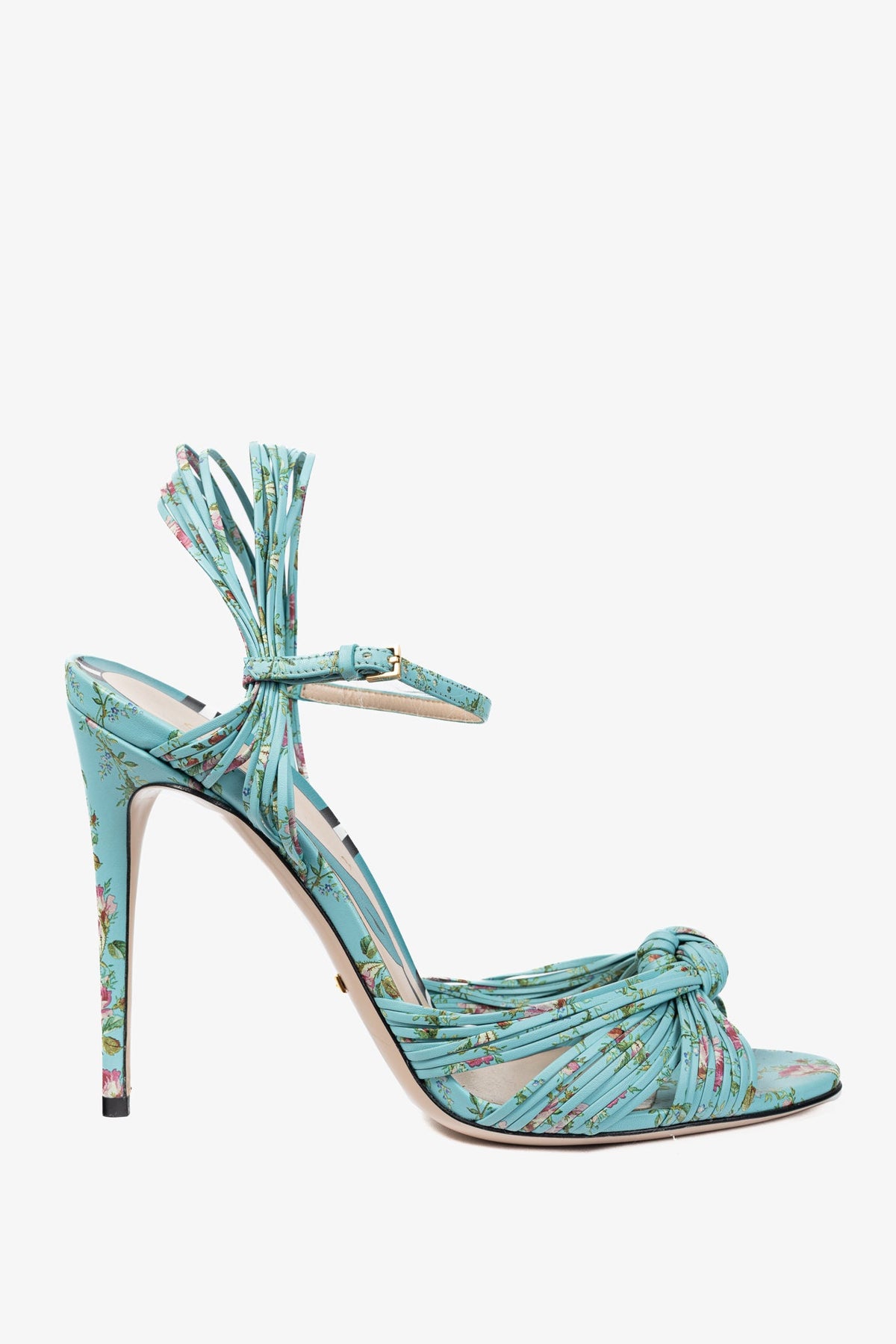 Gucci Allie Light-Blue Floral-Print Leather Knotted High-Heel Sandals