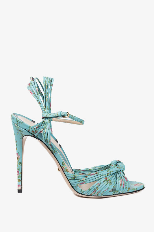 Gucci Allie Light-Blue Floral-Print Leather Knotted High-Heel Sandals