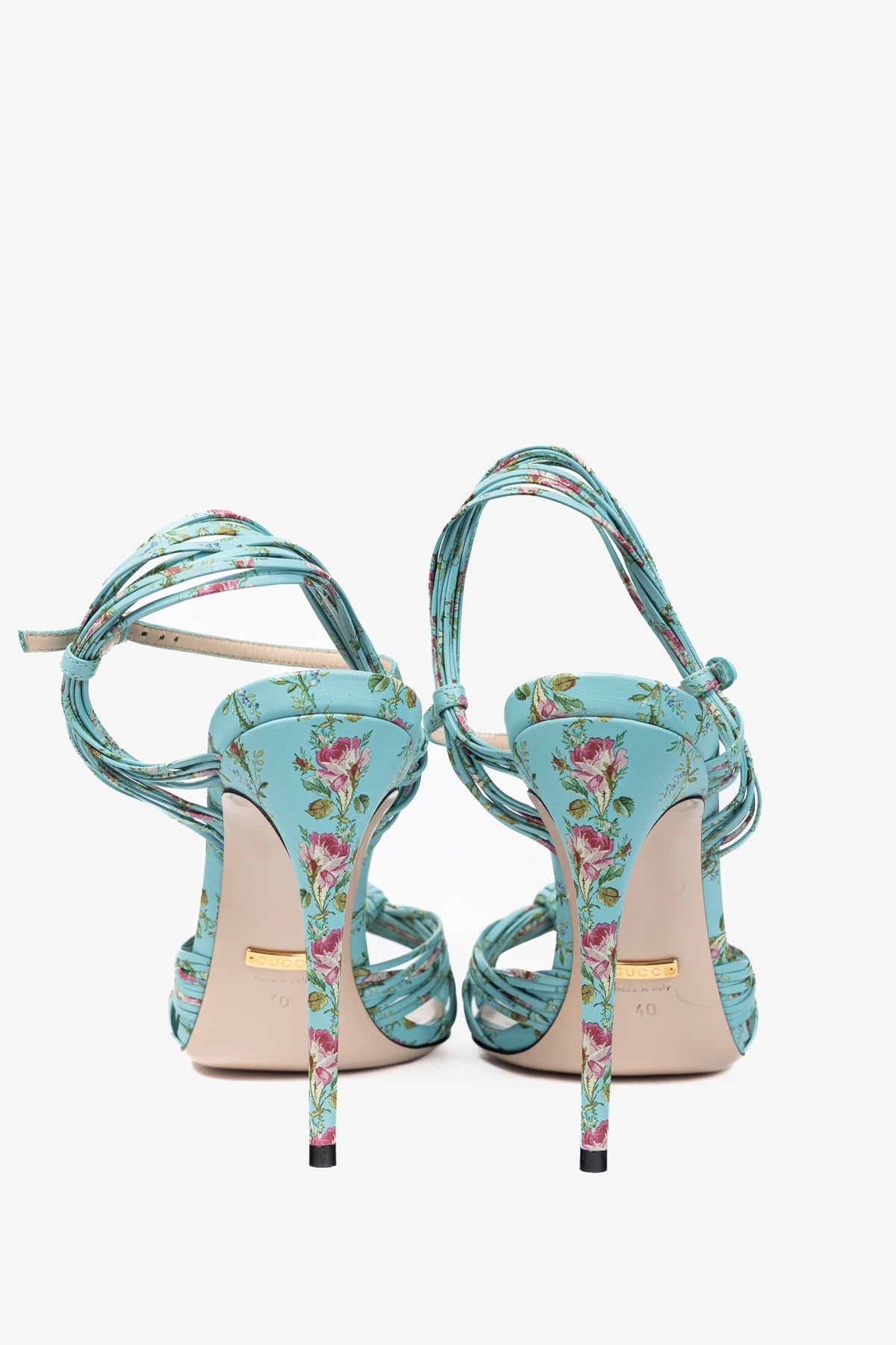 Gucci Allie Light-Blue Floral-Print Leather Knotted High-Heel Sandals