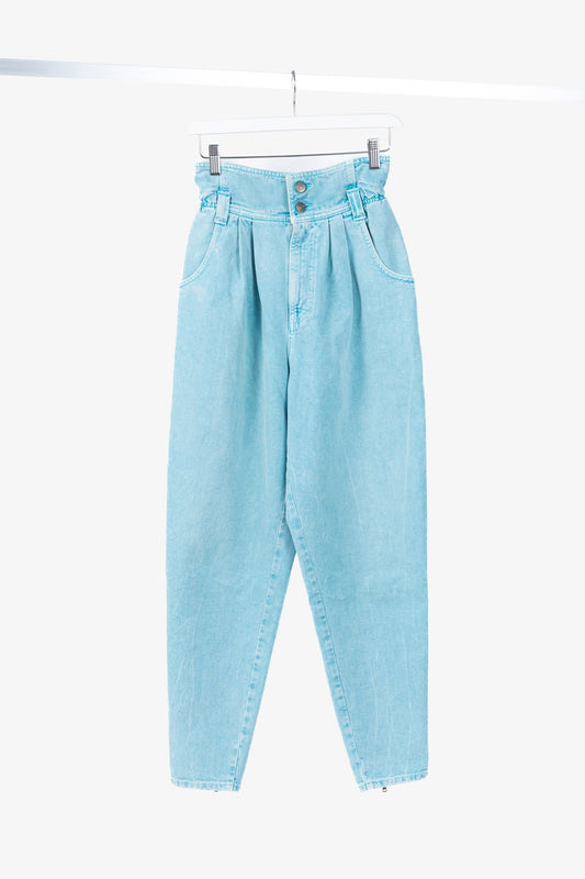 Gucci PF/19 Blue Embroidered Cherry Tapered Paperbag-Waist Jeans