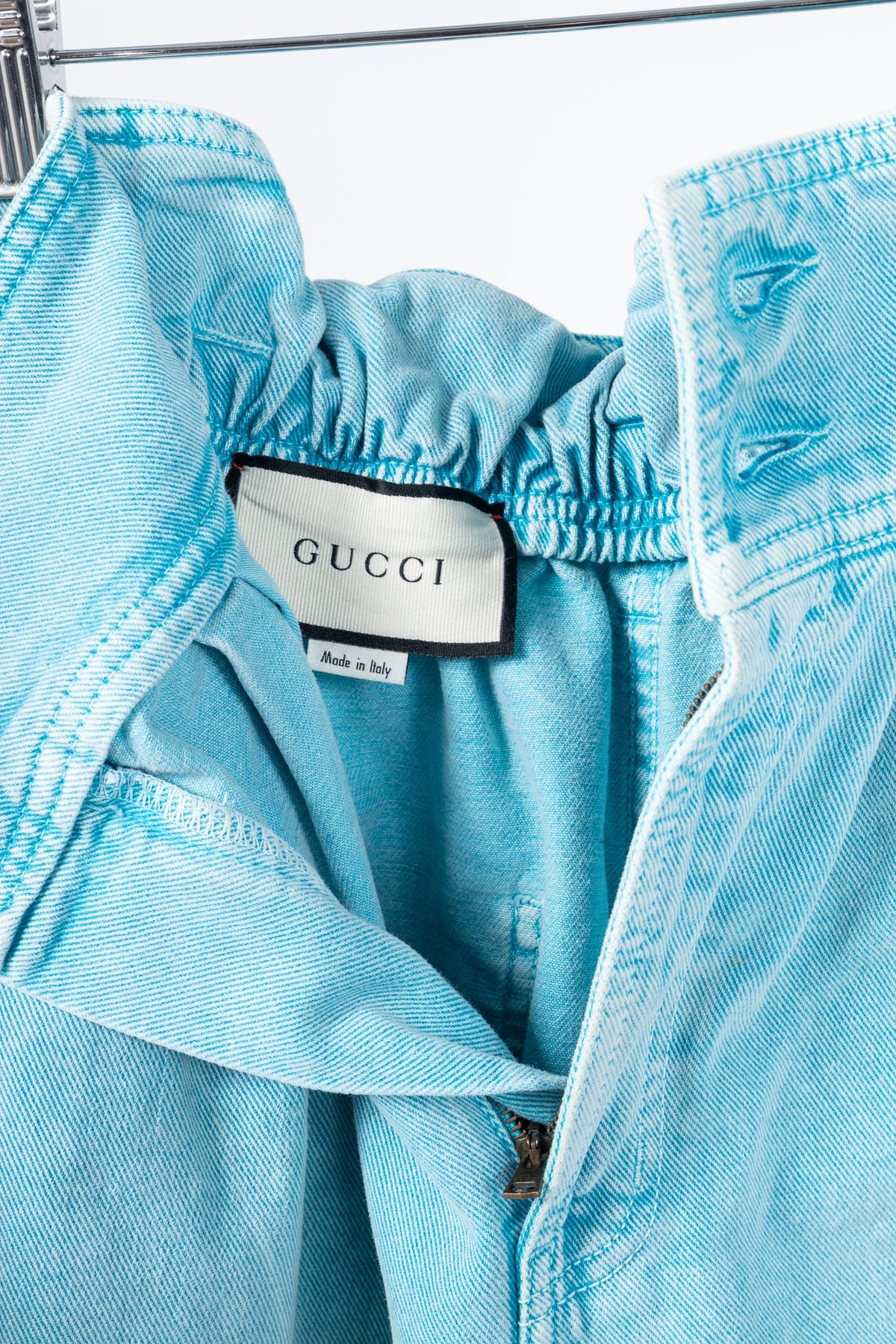 Gucci PF/19 Blue Embroidered Cherry Tapered Paperbag-Waist Jeans