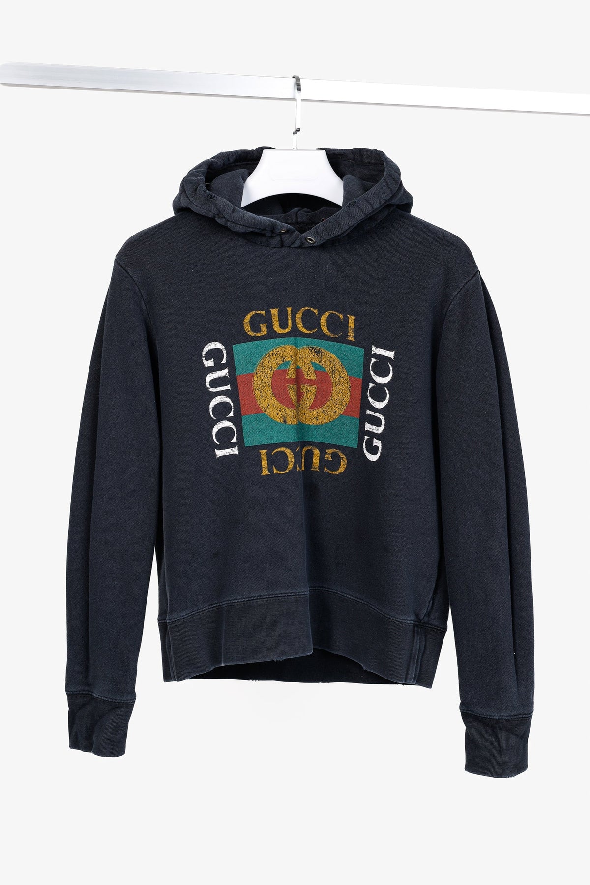 Gucci Black Distressed-Effect Logo-Print Cotton Hoodie