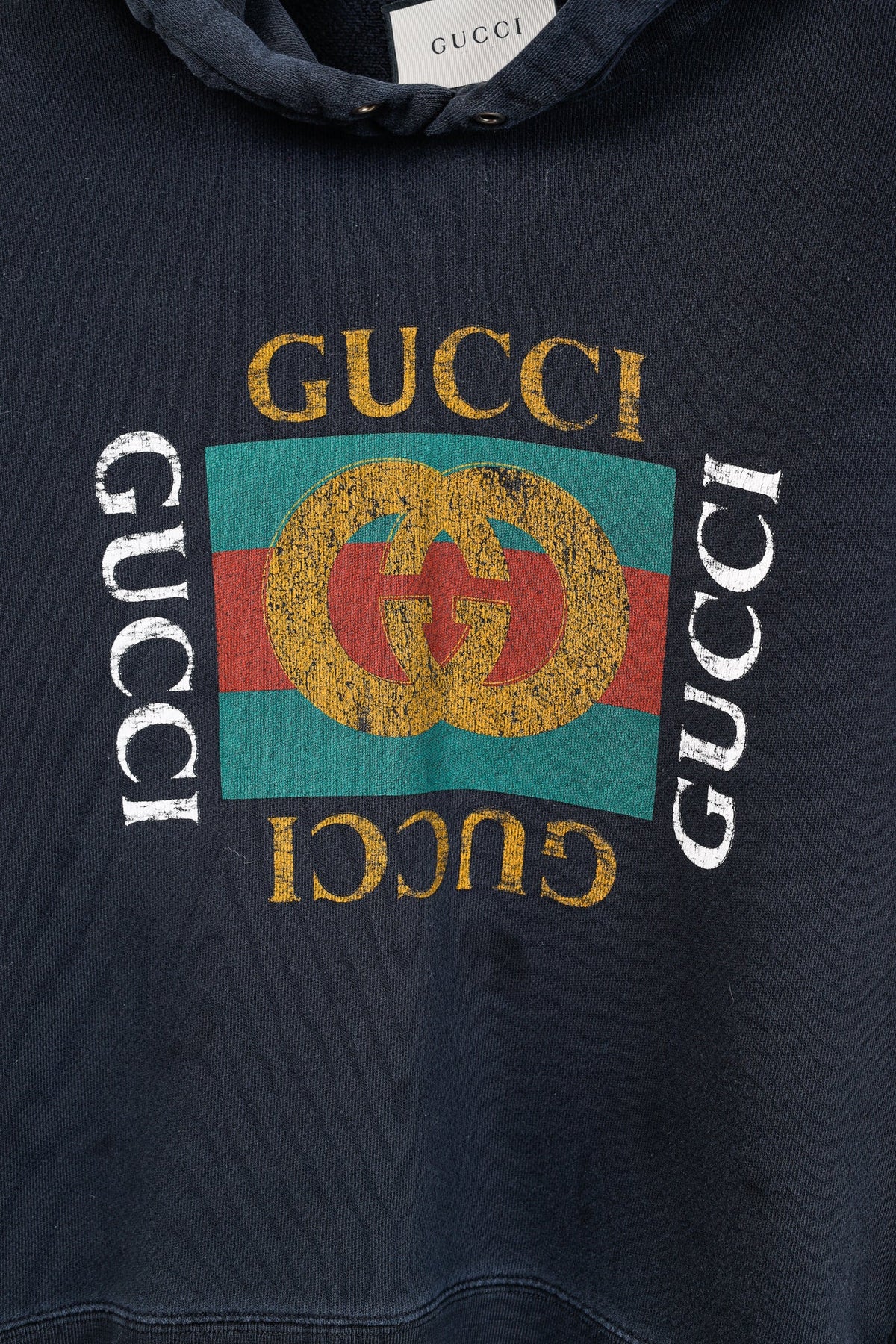 Gucci Black Distressed-Effect Logo-Print Cotton Hoodie