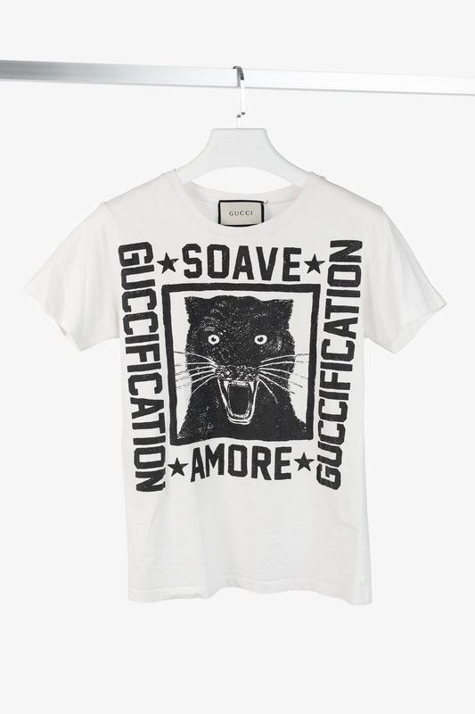 Gucci R/18 White Cotton Soave Amore Guccification Panther Graphic T-Shirt