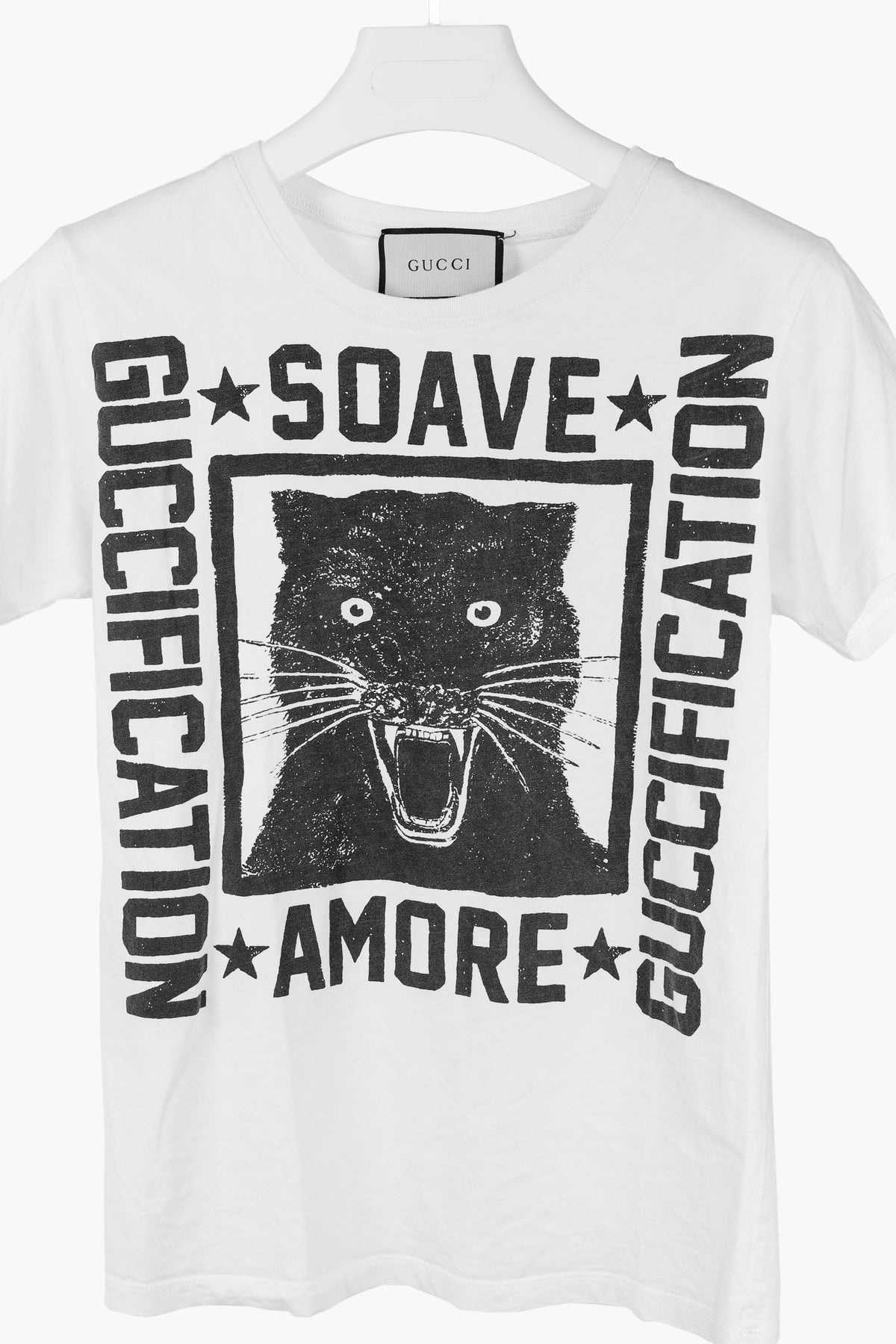 Gucci R/18 White Cotton Soave Amore Guccification Panther Graphic T-Shirt