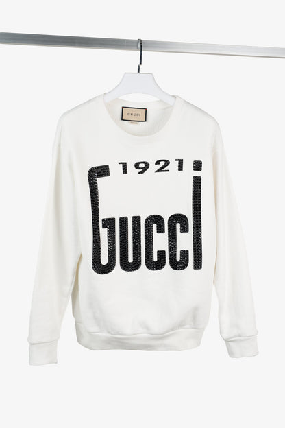 Gucci 1921 White Cotton French-Terry Crystal-Logo Sweatshirt