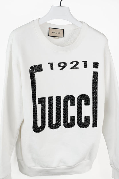Gucci 1921 White Cotton French-Terry Crystal-Logo Sweatshirt