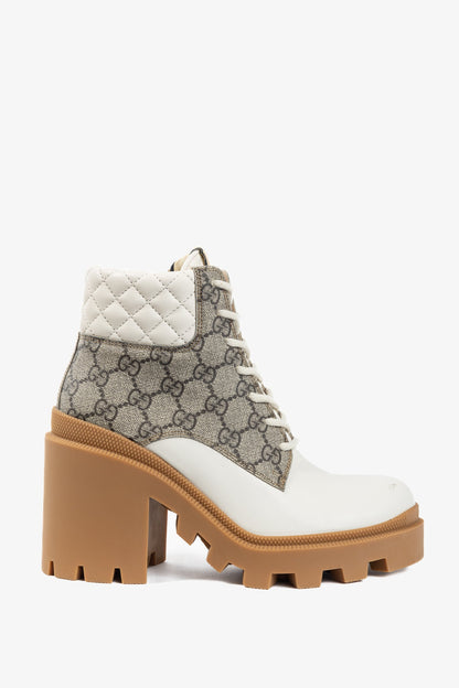 Gucci Beige & Ebony Canvas & Leather Lace-Up GG Ankle Boots