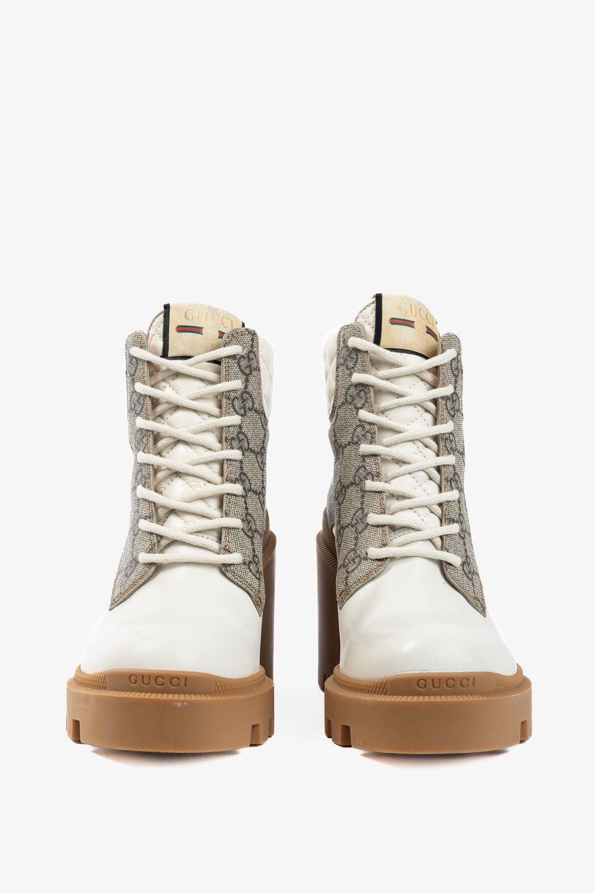 Gucci Beige & Ebony Canvas & Leather Lace-Up GG Ankle Boots