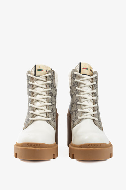 Gucci Beige & Ebony Canvas & Leather Lace-Up GG Ankle Boots