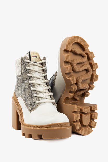 Gucci Beige & Ebony Canvas & Leather Lace-Up GG Ankle Boots