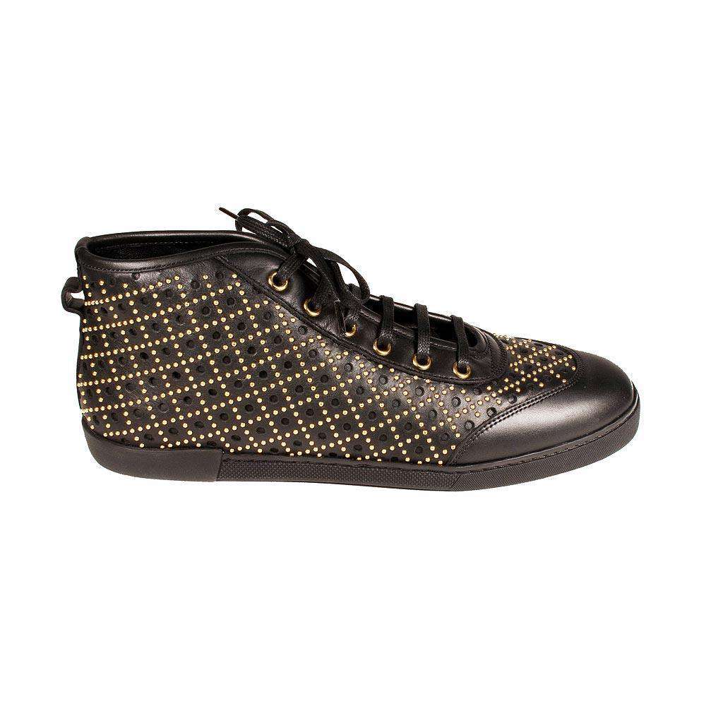 Gucci Women's Designer Shoes Black Leather Laser Cut Brass Studded High-Top Sneakers (GGW3000)