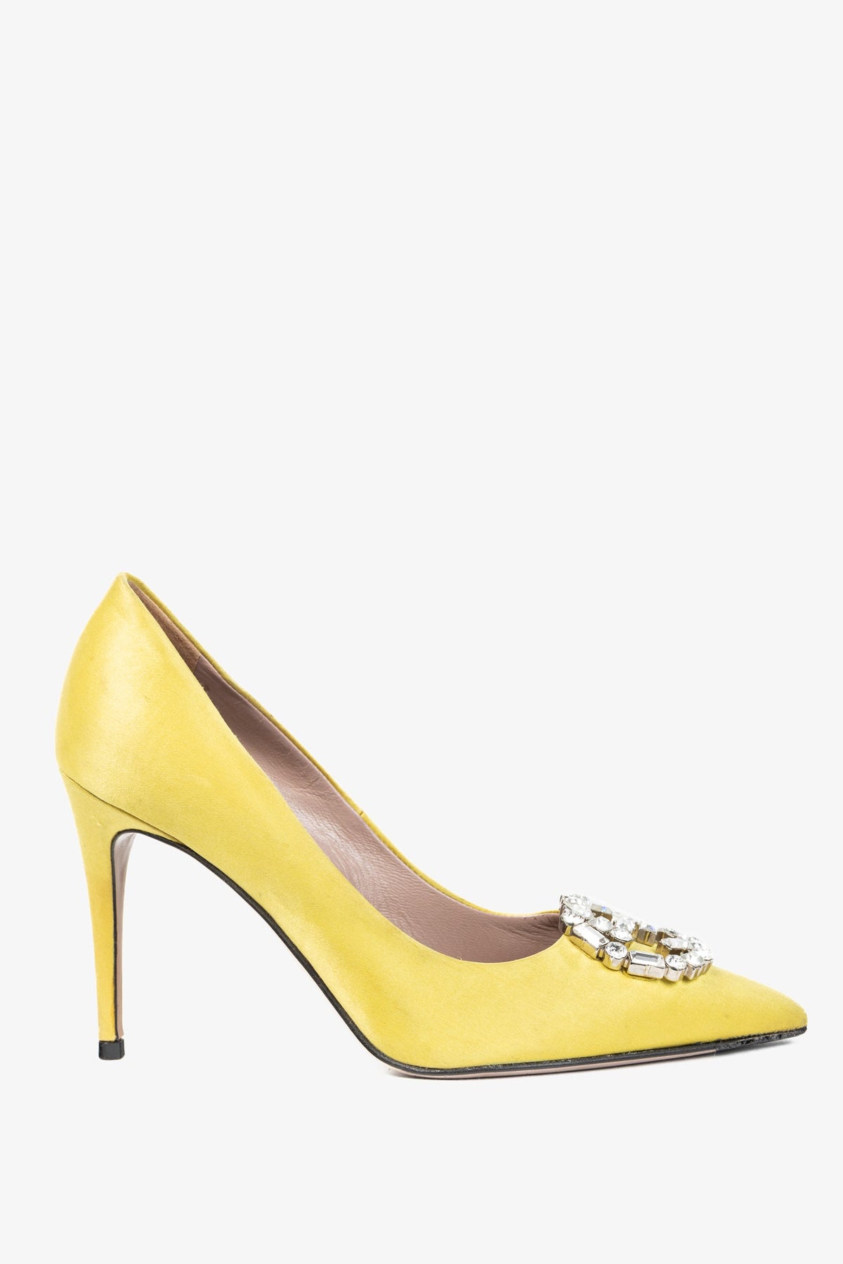 Gucci Yellow Raso Seta Crystal-GG Pointed-Toe Pumps