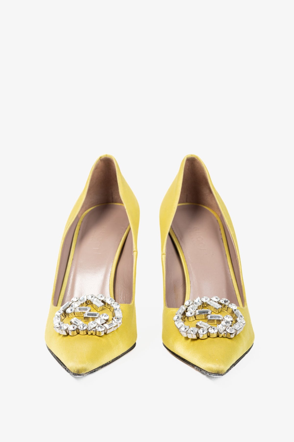 Gucci Yellow Raso Seta Crystal-GG Pointed-Toe Pumps