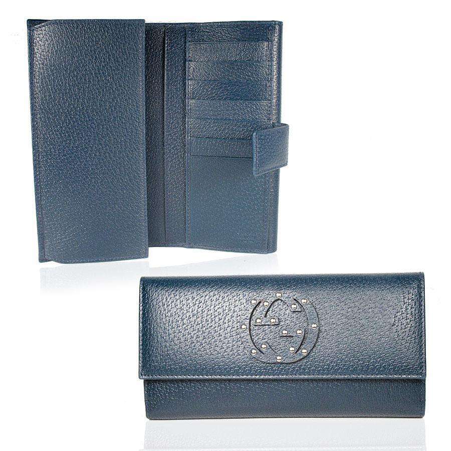 Gucci wallet Women's leather large check book style Navy 231843