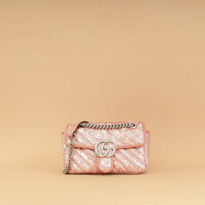 Gucci Pink Sequins GG Marmont Flap Small Shoulder Bag