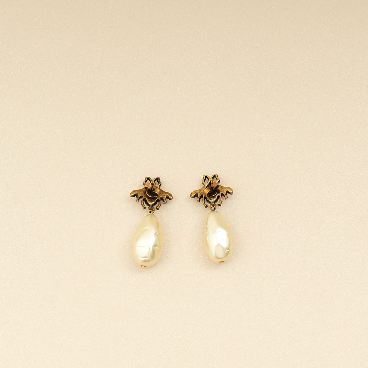 Gucci Aged Gold Finish GG Crystal Pearl Drop Bee Earrings