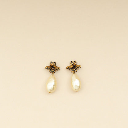 Gucci Aged Gold Finish GG Crystal Pearl Drop Bee Earrings