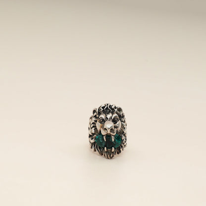 Gucci Silver Green Crystal Lion Head Ring 19