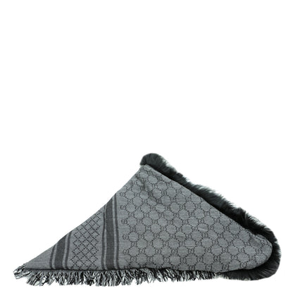 Gucci Black Wool Silk Fox Fur Monogram Shawl