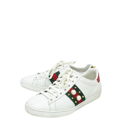 Gucci White Ace Web Pearl Stud Sneaker 36