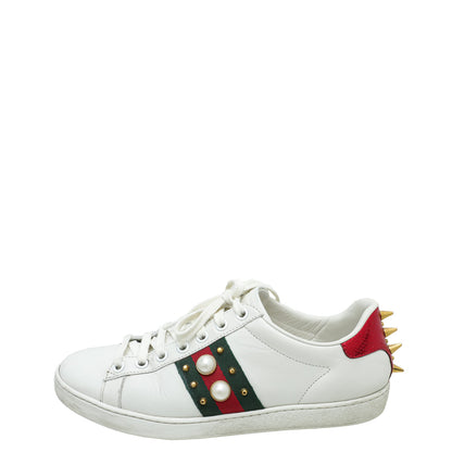 Gucci White Ace Web Pearl Stud Sneaker 36