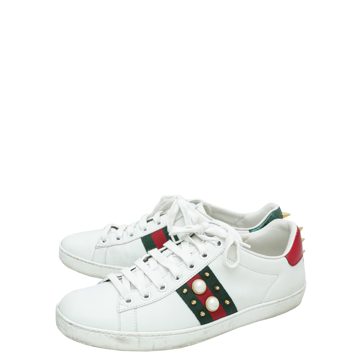 Gucci White Ace Web Pearl Studs Sneaker 39