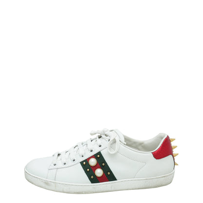 Gucci White Ace Web Pearl Studs Sneaker 39