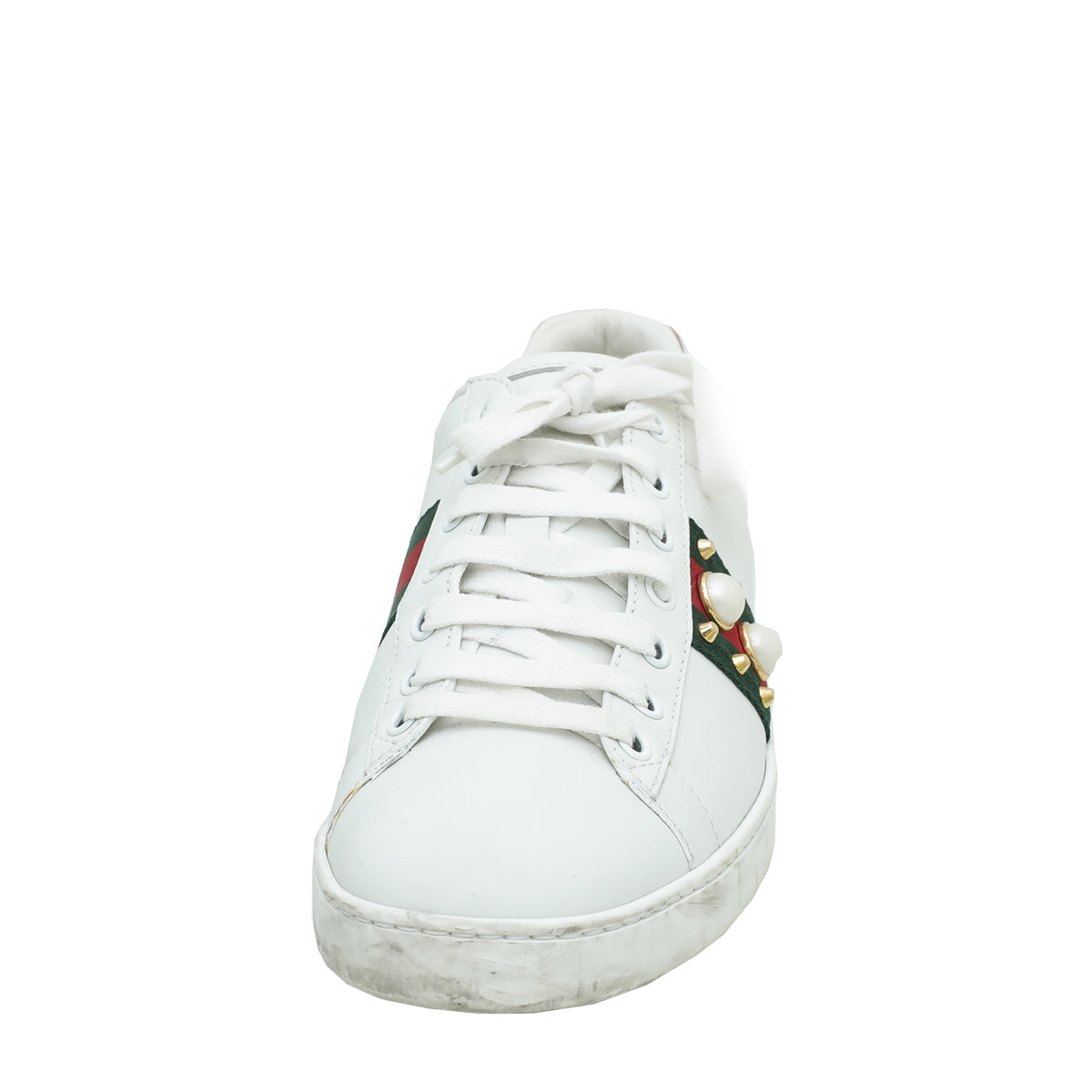 Gucci White Ace Web Pearl Studs Sneaker 39