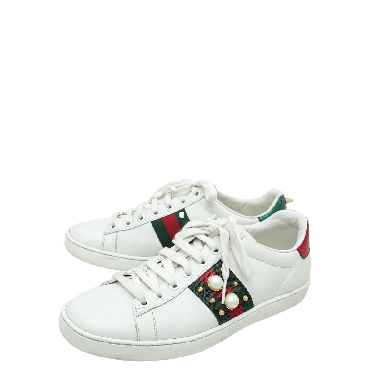 Gucci White Ace Web Pearl Studs Sneaker 37