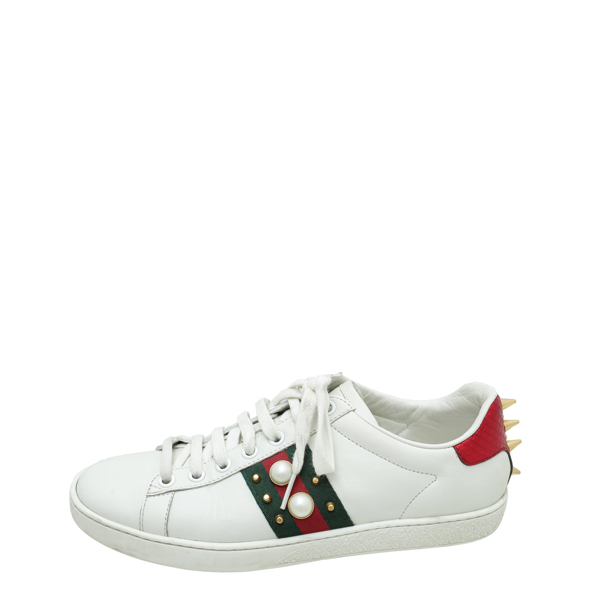 Gucci White Ace Web Pearl Studs Sneaker 37