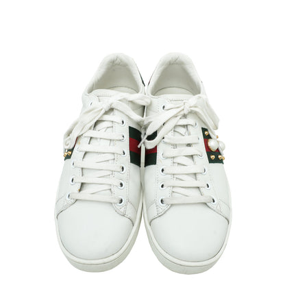 Gucci White Ace Web Pearl Studs Sneaker 37