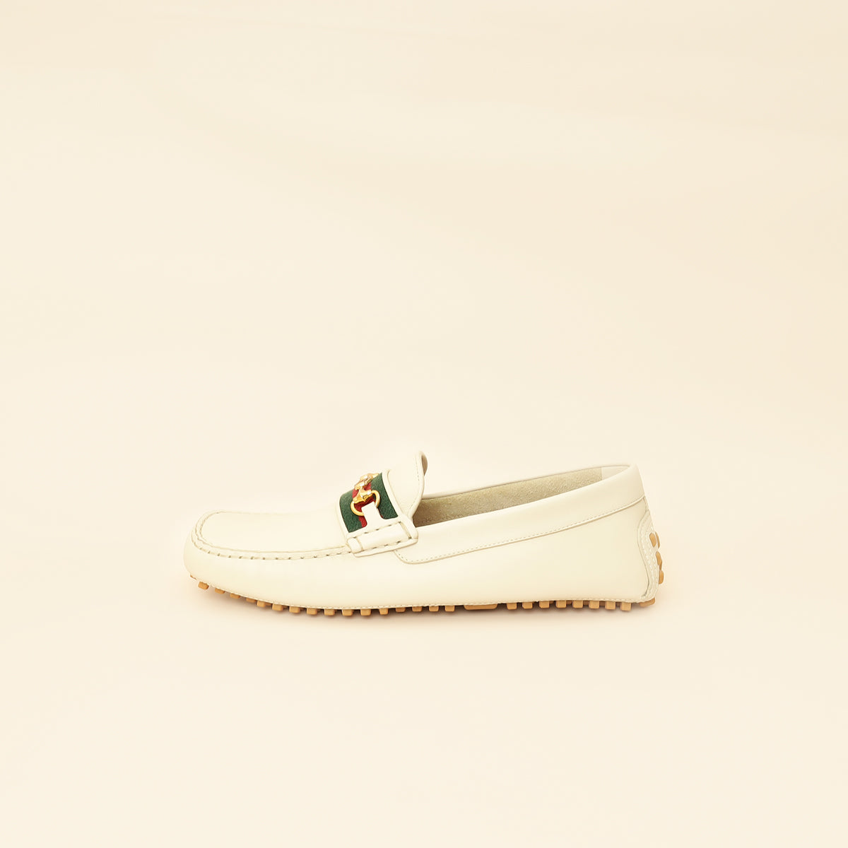 Gucci White Cream Ayrton Horsebit Web Driving Loafer 8.5
