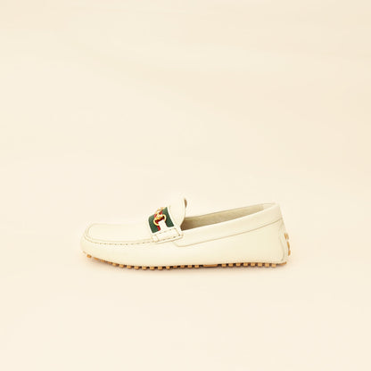 Gucci White Cream Ayrton Horsebit Web Driving Loafer 8.5