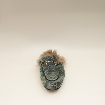 Gucci Olive GG Velvet Fur Princetown Mules 37