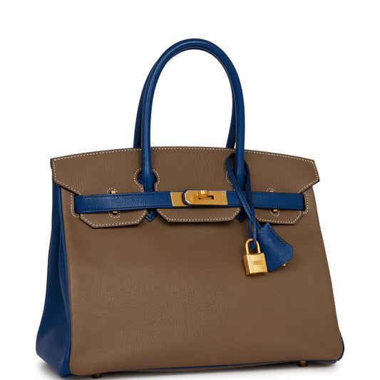 Hermes Special Order (HSS) Birkin 30 Etoupe and Bleu Saphire Chevre Brushed Gold Hardware